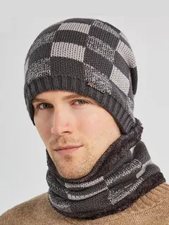 Men 2PCS Plaid Plus Velvet Thick Headgear Scarf Knit Beanie Hat