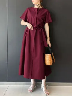 Liso Manga corta Cinturón Vestido