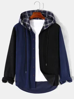 Plaid Corduroy Hooded Shirts
