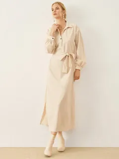 Liso Manga larga Cinturón Camisa Vestido