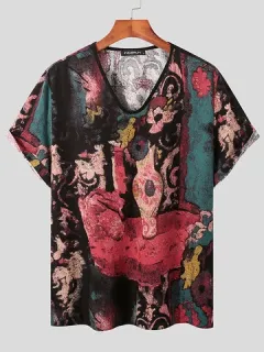 Ethnic Style Floral Print Cotton T-shirt