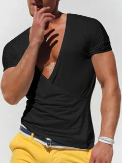 Men Deep V Neck Cross Wrap T-Shirt