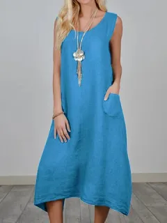Sin mangas de algodón liso Vestido