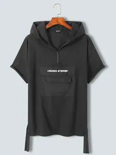 Letter Print Half Zip Hooded T-shirts