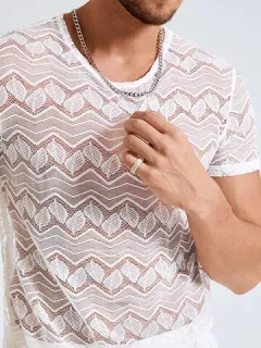Men Lace Crew Neck Short Sleeve T-shirt