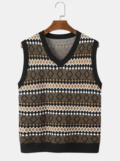 Knitted Argyle Stripe Print Sweater Vest