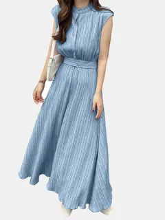 Sin mangas con textura Cinturón Maxi Vestido