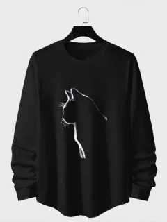 Cat Print Rounded Hem T-shirts
