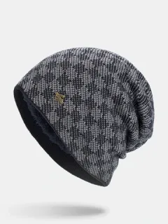 Men's Winter Plus Velvet Plaid Pattern Knitted Beanie Hat