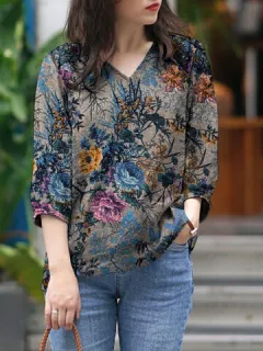Blusa de algodón con cuello en V y estampado floral