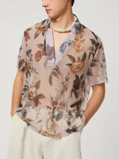 Men's Semi-Transparent Print V-Neck Short Sleeve Shirt