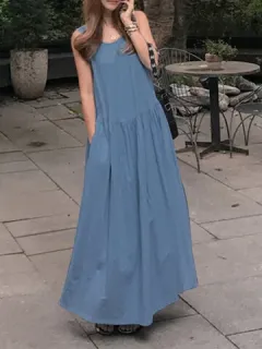 Sólido Denim sin mangas Maxi Vestido