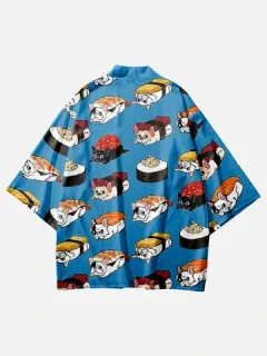 Cartoon Animal Sushi Print Kimono