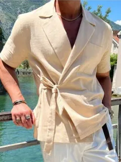 Solid Lapel Tie Side Shirt