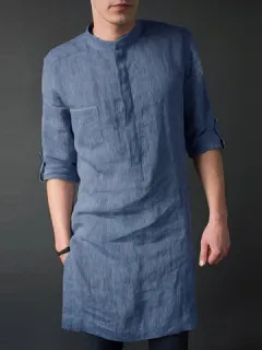 Mid Length Solid Color Linen Henley Shirts