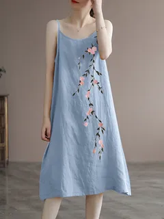 Spaghetti de algodón con bordado floral Vestido