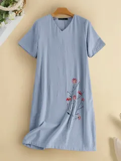 Bordado Floral Cuello V Algodón Vestido