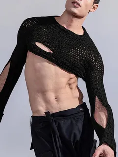 Men's Sexy Cutout Knitted Long Sleeve Crop Top