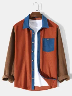 Patchwork Button Pocket Corduroy Shirts