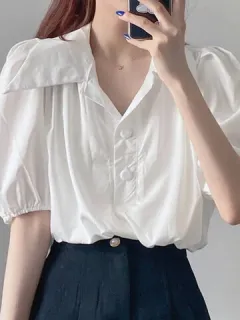 Blusa sólida con solapa y manga abullonada