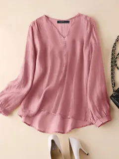 Blusa casual de algodón con cuello en V lisa
