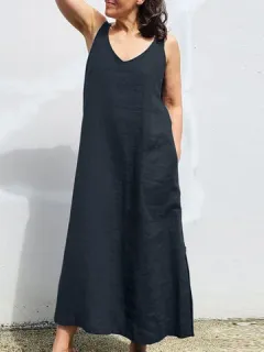 Algodón liso con cuello en V sin mangas Vestido