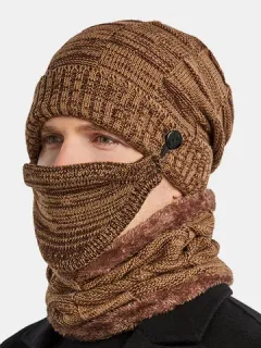 Men's 3PCS Plus Velvet Neck Face Protection Knit Hat Scarf Mask