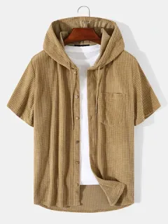 Basic Plain Corduroy Hooded Shirts