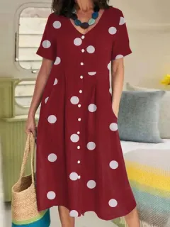 Cuello en V con bolsillo con estampado de lunares Vestido