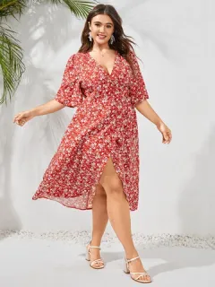 Talla grande Ditsy Floral Hendidura en el dobladillo Vestido
