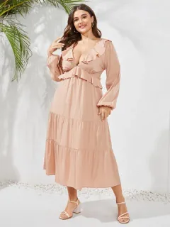 Ribete de volantes de talla grande V profundo Cuello Vestido