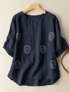Blusa de algodón fruncido bordado de ocio