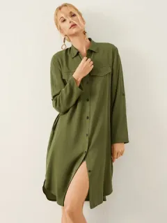 Liso Manga larga Camisa Vestido