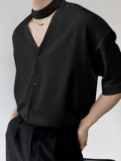 Shirt with choker collar and snap button opening