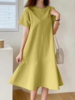 Liso Volante Casual Algodón Midi Vestido