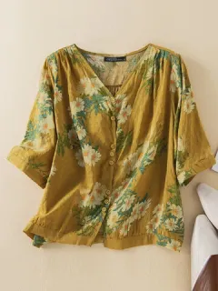 Blusa floral con cuello en V Diseño