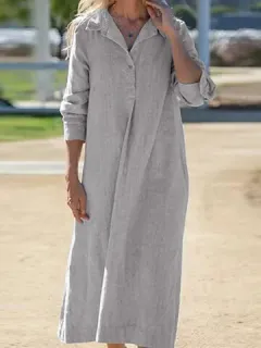 Algodón liso con solapa Camisa Vestido