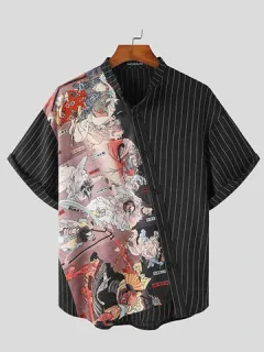 Striped Patchwork with Mythology Print Shirt