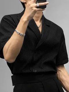 Textured Short Sleeve Suit Collar Shirt