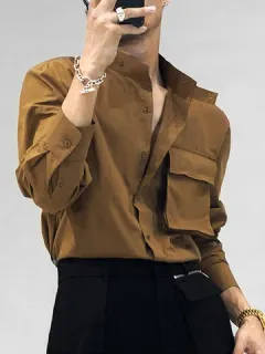 Stand Collar Pocket Long Sleeve Shirt