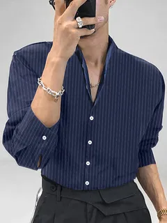 Men's Cotton Linen Striped Stand Collar Shirt