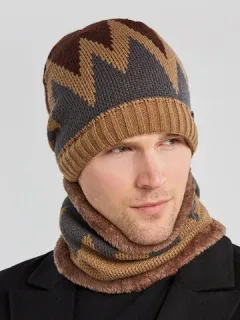 Men 2PCS Plus Velvet Thick Winter Scarf Knit Hat Beanie