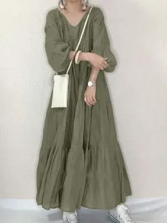 Manga abullonada con cuello en V escalonado Vestido