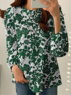 Blusa informal con estampado de plantas en toda la prenda