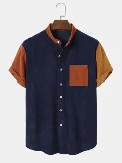 Contrast Stand Collar Corduroy Shirts