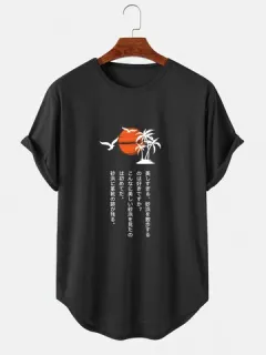 Japanese Landscape Curved Hem T-shirts