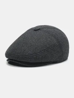 Men's Wool Ear Protection Stripe Pattern Plus Thick Beret Hat Flat Cap
