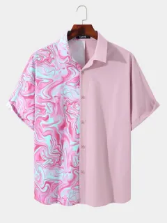 Men Tie Dyed Paisley Patchwork Two Tone Lapel Graceful Street Shirt