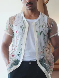 Plant Floral Embroidery Thin Transparent Fashion Shirt for Men