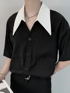 Contrast Color Collar Short Sleeve Shirt